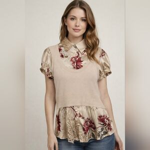 Bebe Vintage Y2K Silk Red and Cream Floral Layered Blouse Vest